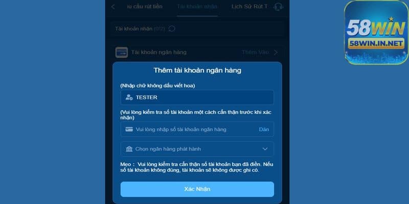Các bước rút tiền 58Win chi tiết